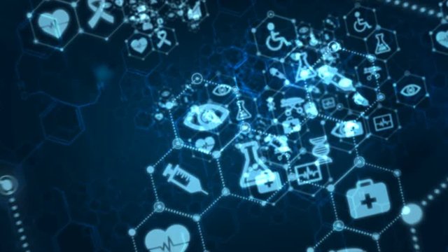 4K Abstract background Animation moving pass through dot and connection line with medical and health icon for futuristic cyber technology over dark blue background