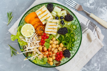 buddha bowl of vegetables, chickpeas and tofu.