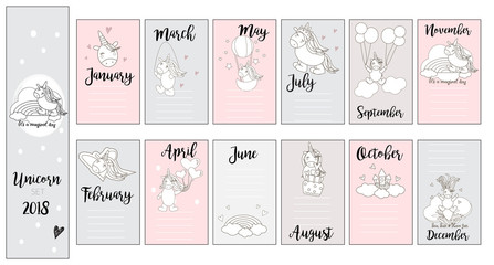Cute Unicorn Journaling card set, printable, in Vector