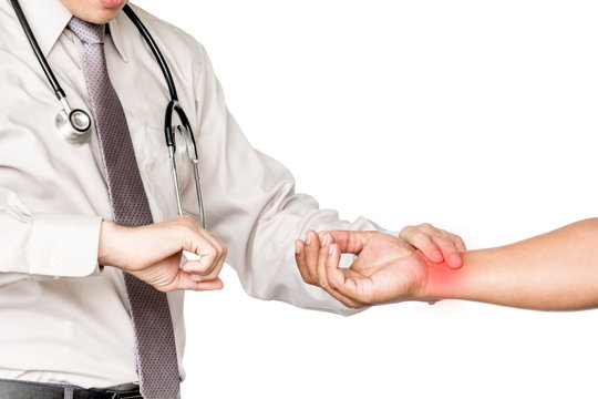 Doctor checking patient's pulse isolated on white background