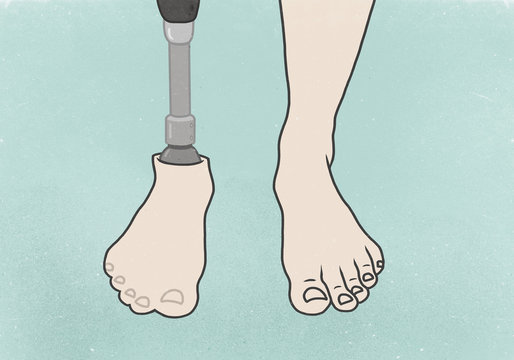 Low section of man with artificial limb over blue background