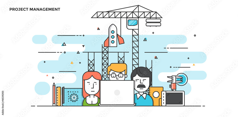 Wall mural modern flat line color hero image of project management