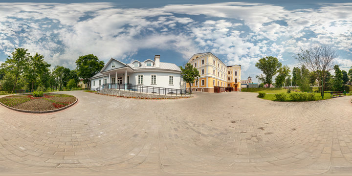 Fototapeta Full spherical 360 degrees seamless panorama in equirectangular equidistant projection, panorama in park of old city, VR content