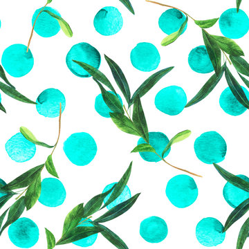 Seamless pattern with watercolor olive branch on blue dots