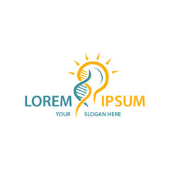 DNA structure with a shine light bulb, logo design, isolated on white background.