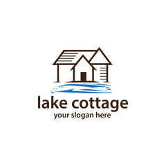 outlines of cottage with lake water, logo design, isolated on white background. 