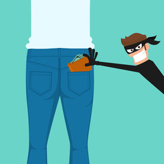 Thief pickpocket stealing a wallet from back jeans pocket.
