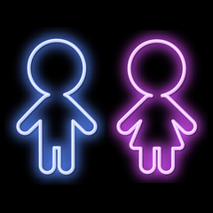 Neon sign man and woman. Icon of a blue man and a pink woman on a black background. Vector illustration.