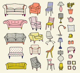 Vector set of the furniture of living room. Hand-drawn style