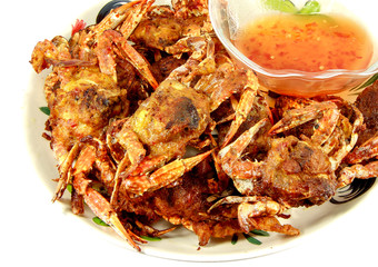 Crabs.Hot Steamed Crabs on a plate isolated on white background,Serrated mud crab, business people group in the line catering buffet food indoor in luxury restaurant  and seafood