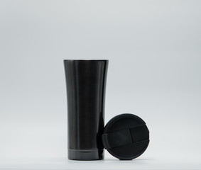 Modern thermos bottle with opened lid isolated on white background