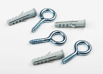 Eyebolt on white background. Copy space. Isolated. Horizontal studio shot.