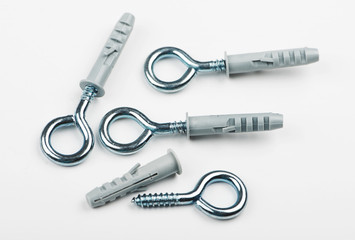 Eyebolt on white background. Copy space. Isolated. Horizontal studio shot.