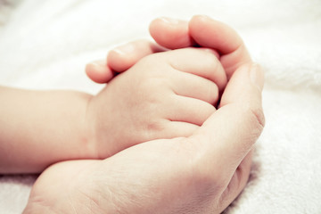 Fototapeta na wymiar Mother holding hand of a baby