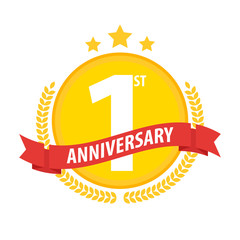 First anniversary circle badge with ribbon and laurel. Flat vector illustration