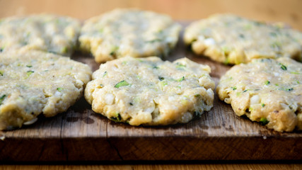 Meat and zucchini burgers, bbq summer garden food concept