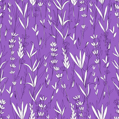 Seamless vector floral pattern, hand drawn Lavender flower, leaves, spikelet decorative texture, isolated on purple background, design for wallpaper, textile, greeting card, wedding invite, cosmetics