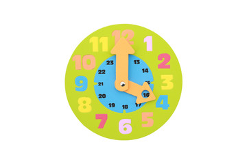 4 O'clock round toy clock isolated on white background with copy space.