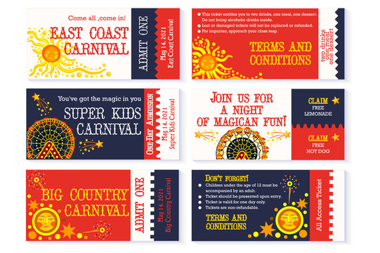 Circus tickets carnival birthday party invitation horizontal card front and back vector illustration