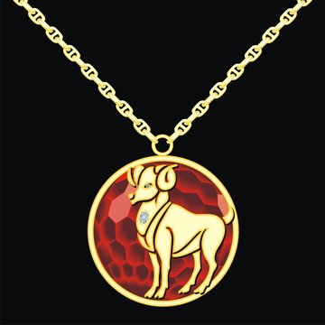 Ruby medallion on a chain with a capricorn