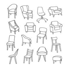 Vector illustration with different kinds of chairs. Hand drawn style