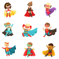 Superhero girls and boys set, kids in superhero costumes colorful vector Illustrations