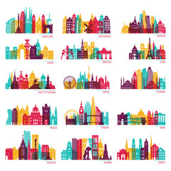 Skyline detailed silhouette set (Barcelona, Madrid, Rome, London, Vienna, Prague, Brussels, Istanbul, Lisbon, Moscow, Warsaw, Amsterdam, Zurich). Travel and tourism background. Vector illustration - 165401723