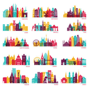 Skyline detailed silhouette set (Barcelona, Madrid, Rome, London, Vienna, Prague, Brussels, Istanbul, Lisbon, Moscow, Warsaw, Amsterdam, Zurich). Travel and tourism background. Vector illustration