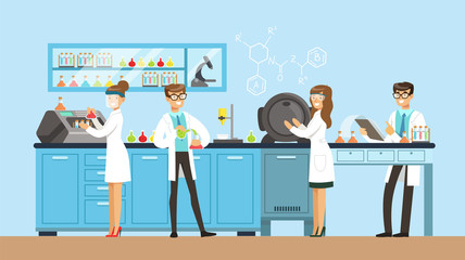 Scientists man and woman working in a lab, interior of science laboratory, vector Illustration