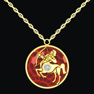 Ruby medallion on a chain with a sagittarius
