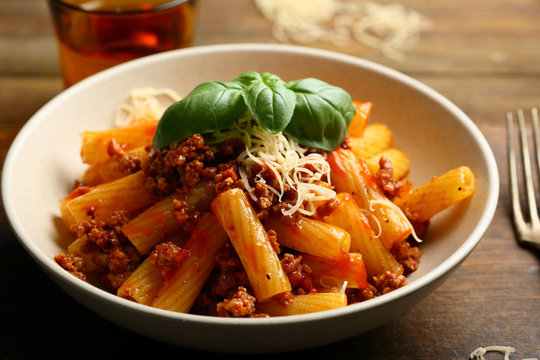 pasta in tomato sauce with beef, tomatoes