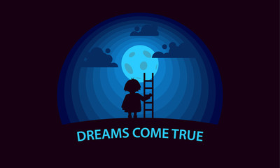 Dreams come true. Child with a stepladder on the moon background. Flat style conceptual illustration.