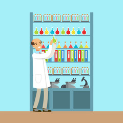Scientist man working research in chemical lab, interior of science laboratory, vector Illustration