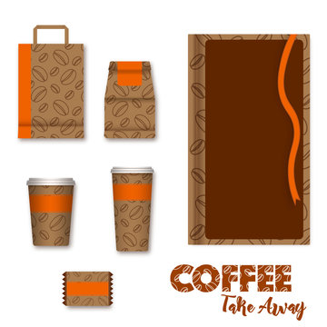 Coffee shop mock up identity design, vector illustration. Take away cups, menu, snack, paper bags, coffee beans pattern template. Front view realistic package design.
