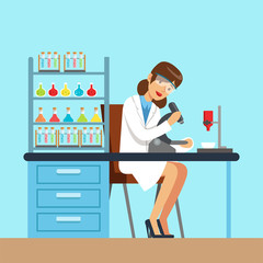 Scientist woman working research in chemical lab, interior of science laboratory, vector Illustration