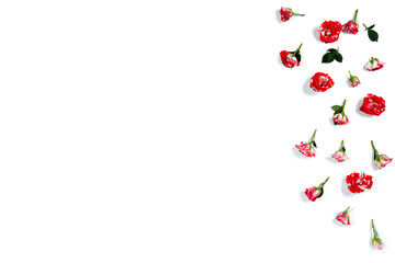 Flowers composition. Frame made of rose flowers. Flat lay, top view