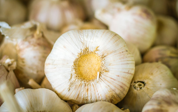 Close-up thailand garlic bulbs and garlic cloves on fresh garlic Background on market stand
