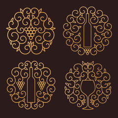 Vector wine logo. Outline emblem. Bottle, glass and grape with curls