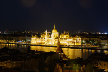 Night view from the hill to the Parliament building and Pest. Budapest