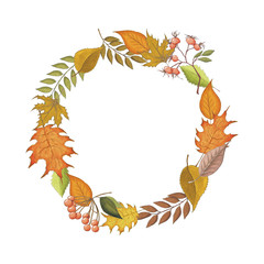 Wreath Of Autumn Leaves Hand Drawn Maple Isolated 