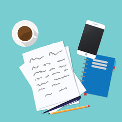 Paper sheet with abstract text under work desk vector illustration, concept of writing letter, writer desk, workspace, paper work, cartoon design background top view.