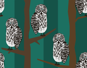 Freak hipster seamless pattern with tawny owls in night forest. Cute texture for textile, wrapping paper, cover, background, design, wallpaper