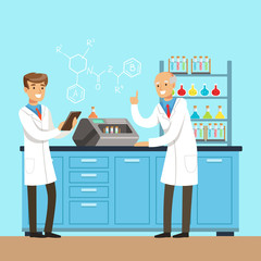 Scientists researching in a lab, interior of science laboratory, vector Illustration
