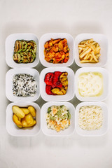Mixed rice, potatoes, zucchini grill, colorful pasta, pepper on the grill