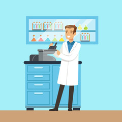 Scientist male looking through microscope, investigating objects, interior of science laboratory, vector Illustration