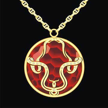 Ruby medallion on a chain with two snake