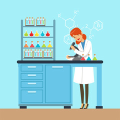 Scientist female looking through microscope, investigating objects, interior of science laboratory, vector Illustration