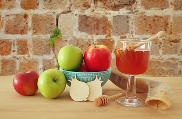 Rosh hashanah (jewish New Year holiday) concept. Traditional symbols
