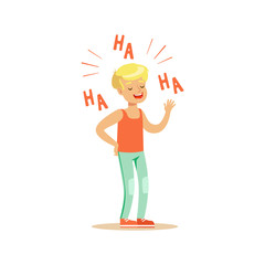Happy blonde boy in casual clothes laughing out loud colorful character vector Illustration