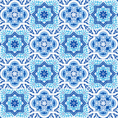 Portuguese traditional ornate azulejo, seamless vector pattern in blue and white colors